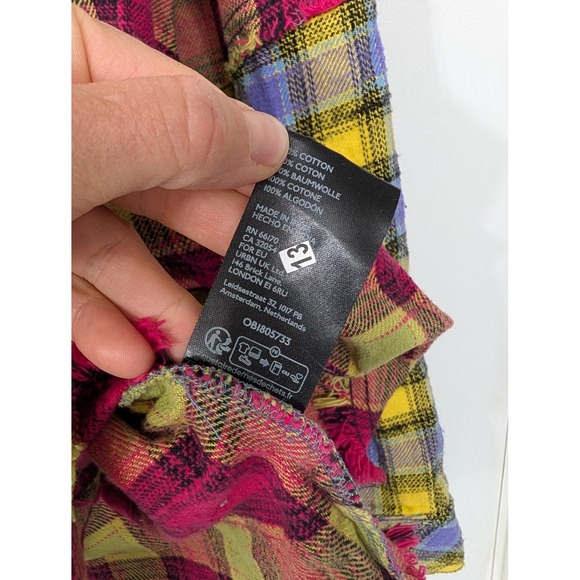 BDG Urban Outfitters Pink Combo Plaid Flannel Shirt Distressed Fringe‎ Small NWT - Picture 6 of 7
